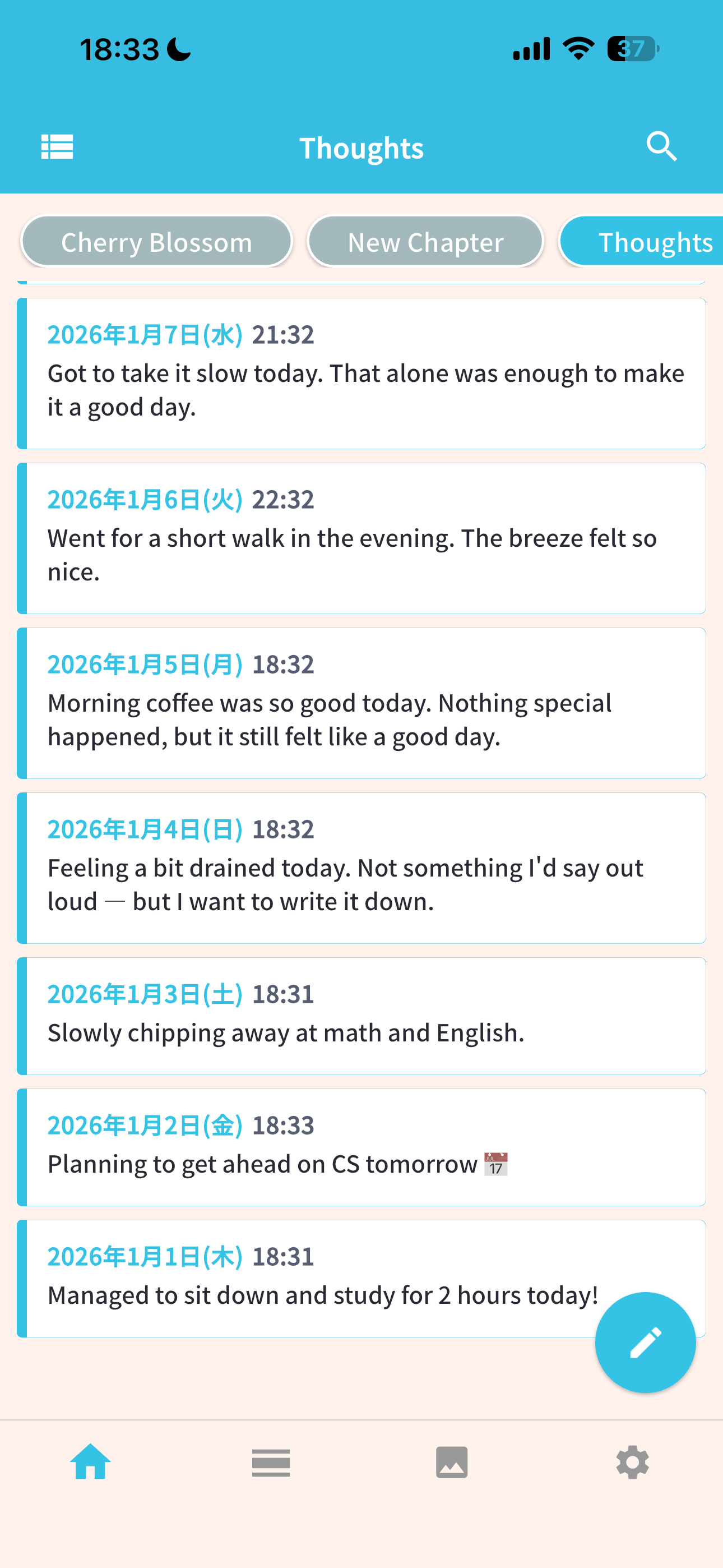 Diary timeline with short entries and tabs for separate diaries